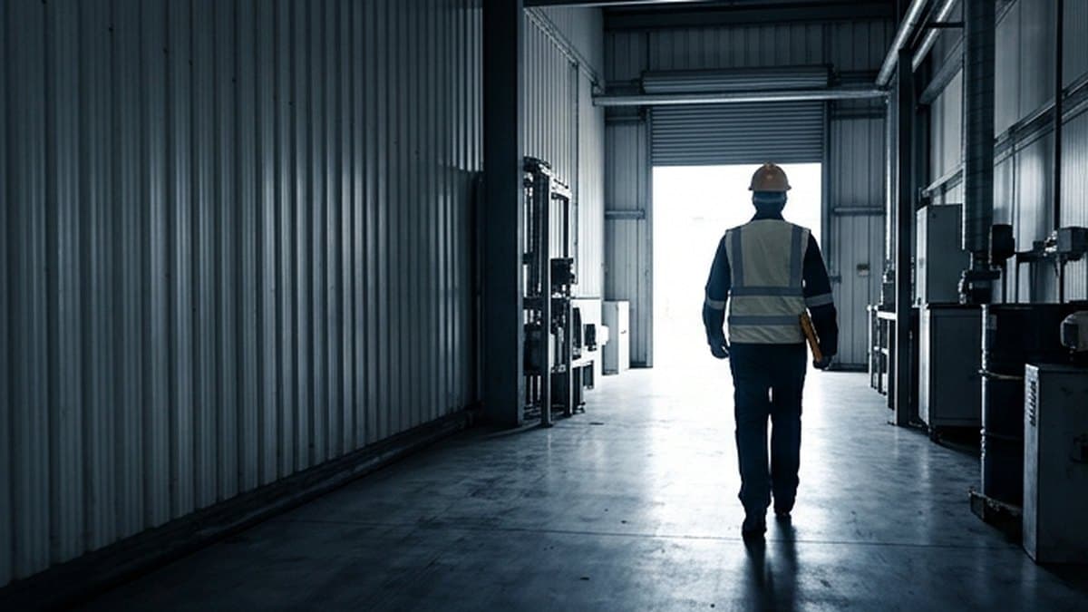 Safety officer walking through an industrial corridor towards daylight