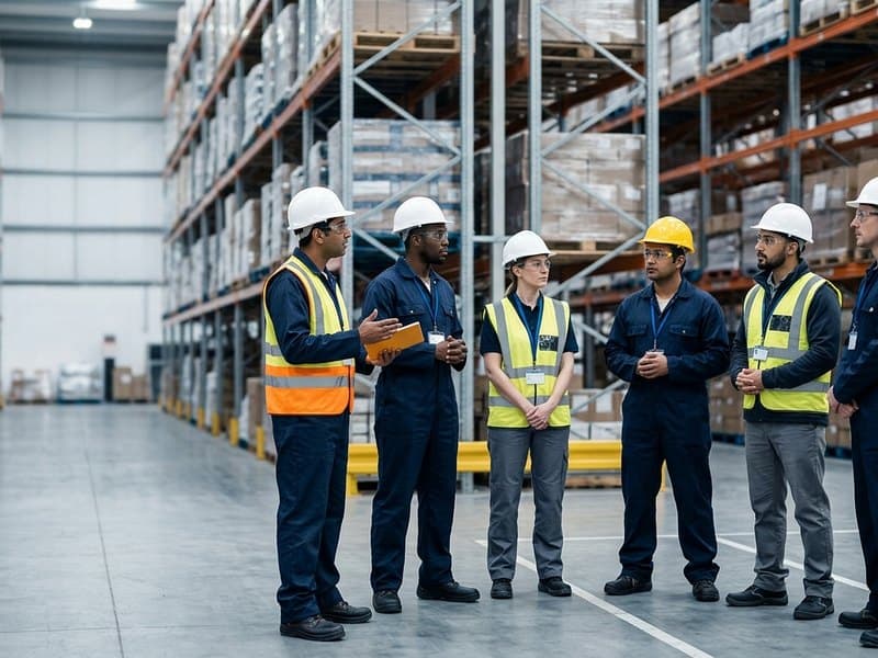 Supervisor delivering a toolbox talk to warehouse staff in hard hats and hi-vis vests
