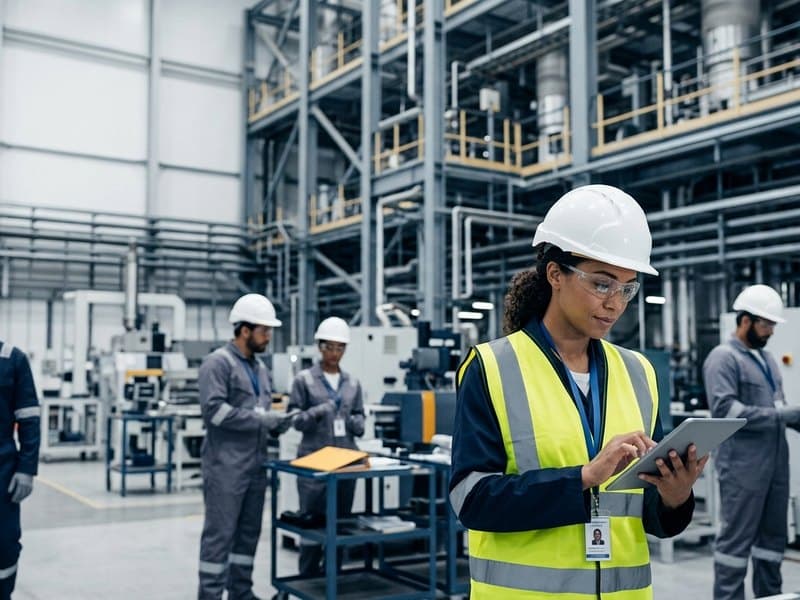 Safety officer in a white hard hat recording findings on a tablet during a factory inspection