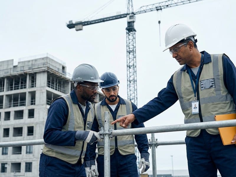 Site supervisor pointing out a scaffold connection to two construction workers