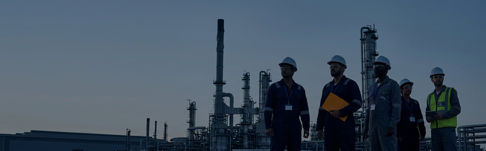 Safety team standing at an industrial processing plant at dusk